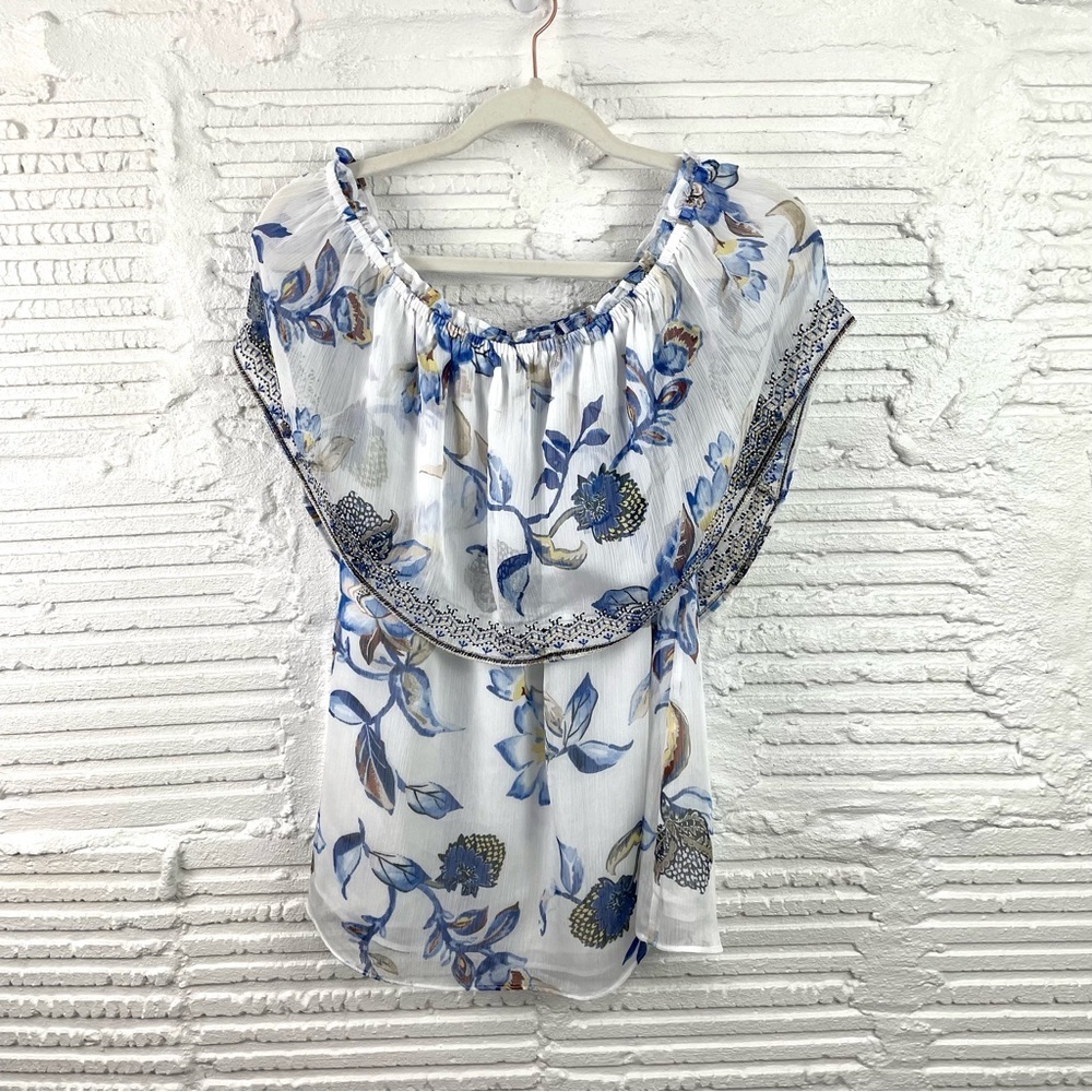 White House Black Market Floral Off Shoulder Top Sleeveless Embroidered Trim S